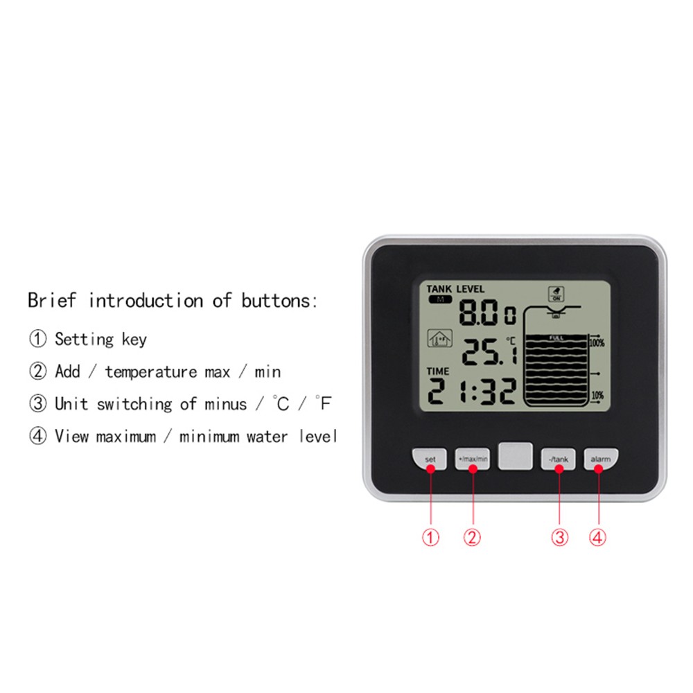 FT002 Ultrasonic Water Tank Liquid Level Meter + Temperature Sensor Time Display