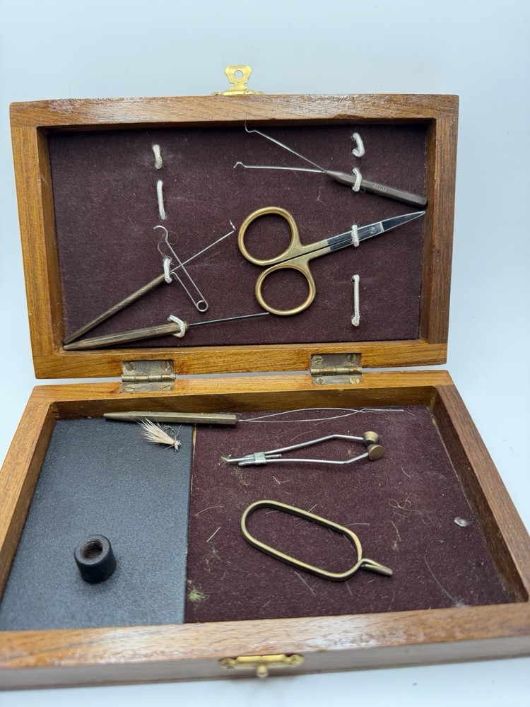 Vintage Fly Tying Tool Kit Wooden Case  Set w/ Tools
