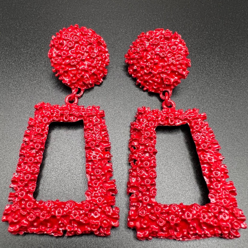 Red Metal Floral Dangle Earrings