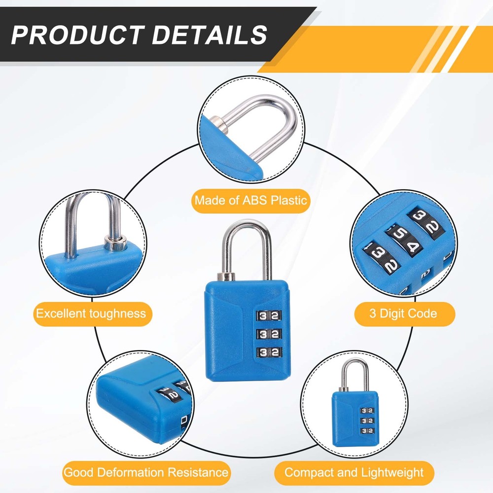 4pcs Resettable 3 Digit Plastic Combination Padlock, Blue (60 x 32mm)