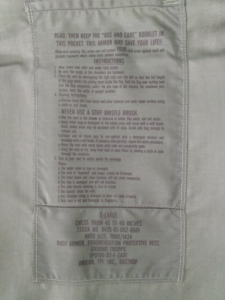 BODY ARMOR, FRAGMENTATION PROTECTIVE VEST GROUND TROOPS, X-LARGE. PASGT.