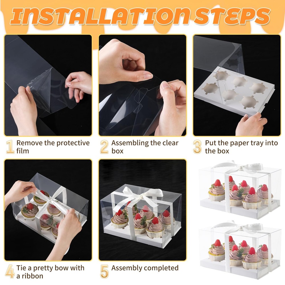 JCD 4 Pack Clear Cupcake Boxes Plastic Containers with Gift Ribbon 5.5inches