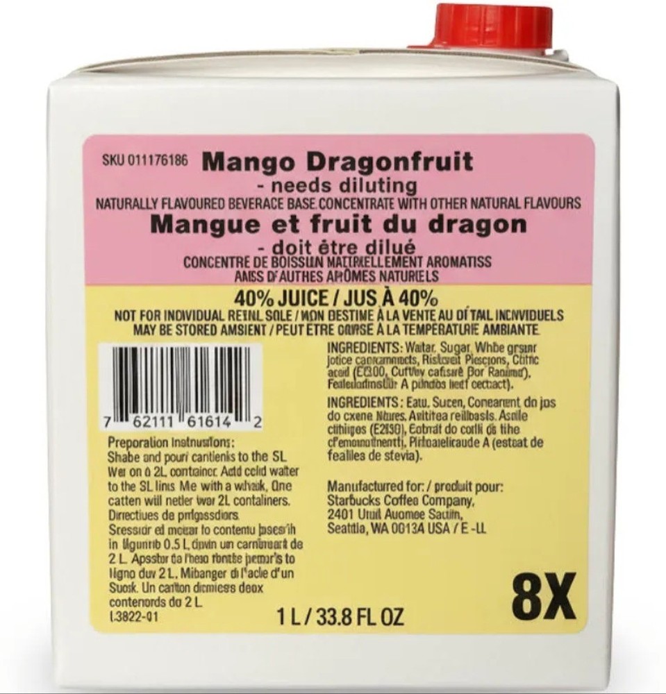 Starbucks Mango Dragonfruit Refresher Base 8X  BB 07/10 Discontinued