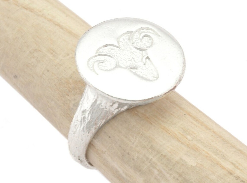 Ram Aries Horoscope Bark Textured Adjustable Ring Shiny silver plated brass 4864