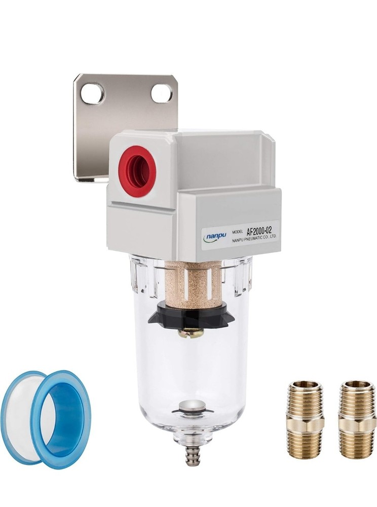 1/4" NPT Compressed Air Line Filter, 5 Micron Brass Element, Poly Bowl
