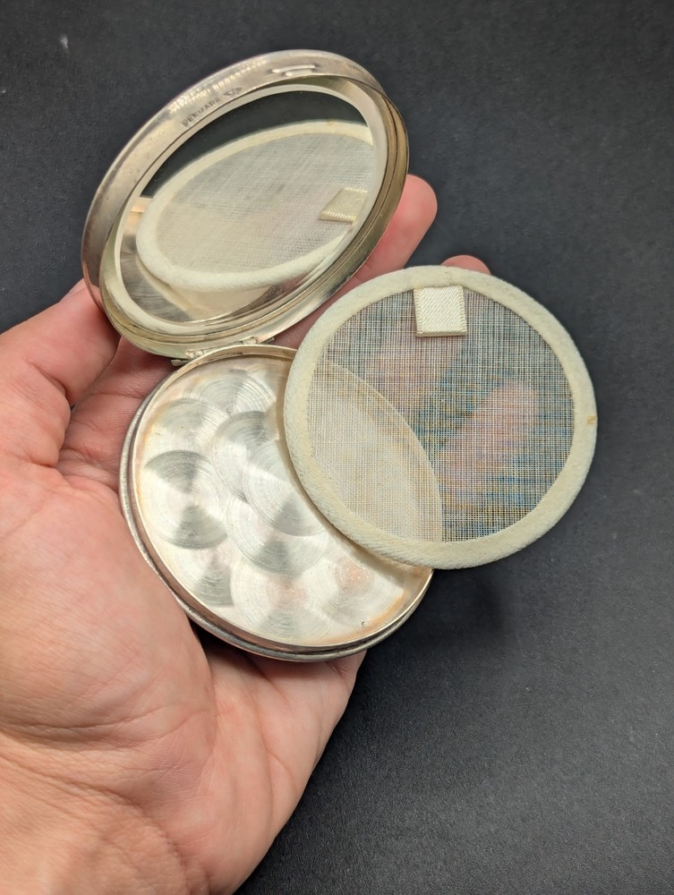 Vtg Hans Jensen Denmark Silverplate Empty Powder Mirror Compact Repoussé Scene