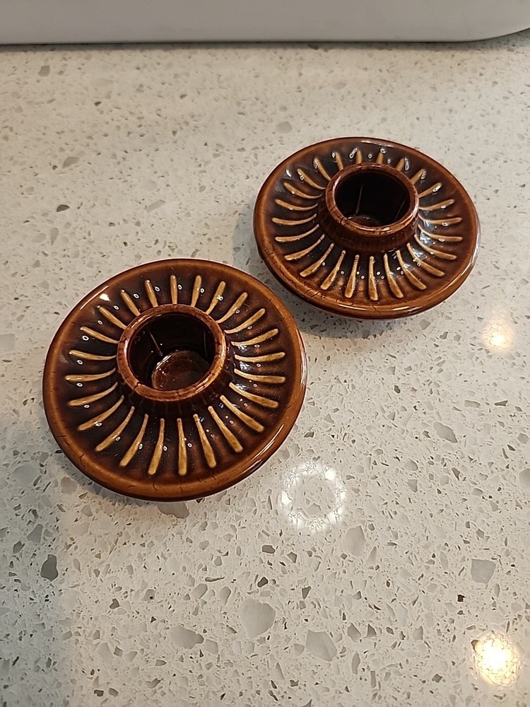 Vintage Stoneware Candle Holder Pair Brown