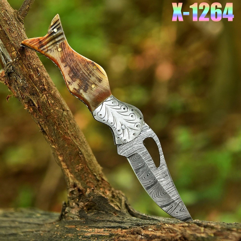 Damascus Folding Blade Pocket Knife Tactical-Original Ram Horn Handle