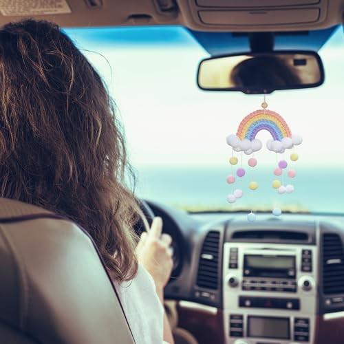 Boho Macrame Car Charm Rainbow – Rearview Mirror Hanging Ornament, Handmade