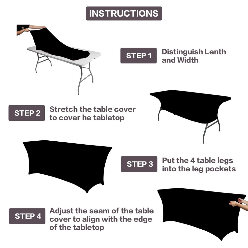 IVAPUPU 4FT Spring Table Cloth for Rectangular Fitted Events Stretch Black Ta...
