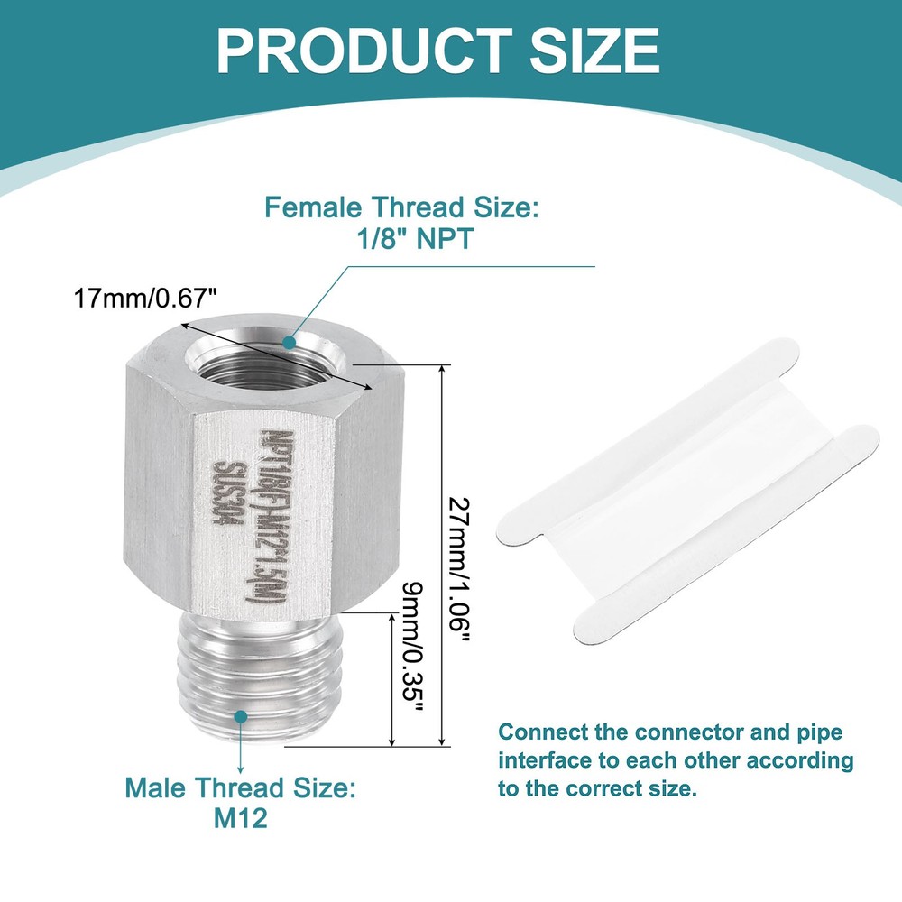 Pipe Fitting Reducing Adapter, M12 x 1/8" NPT Reducer Connector, Silver