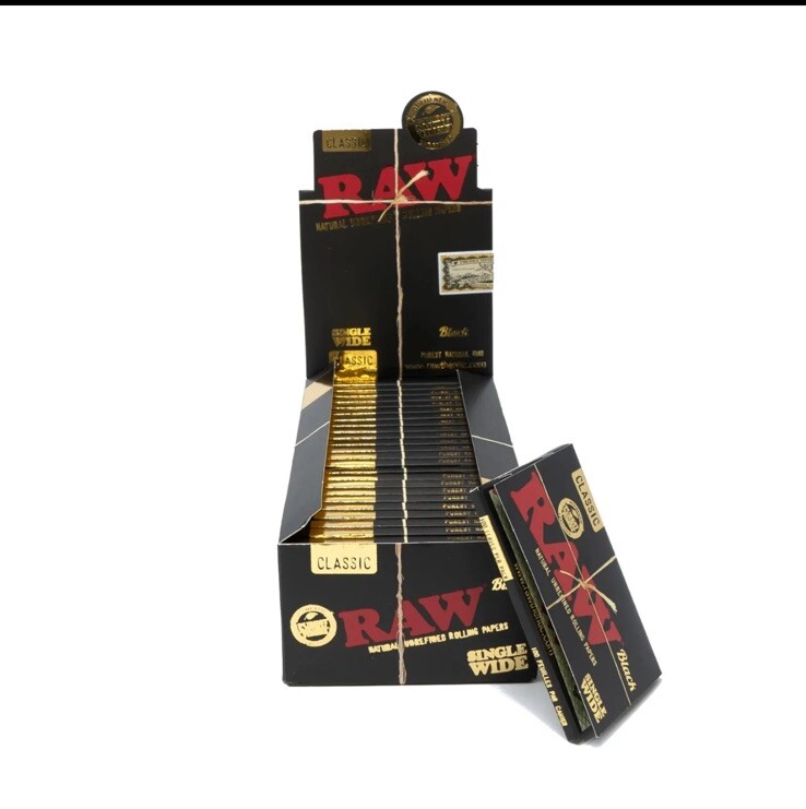 😎 🍃  25 x RAW CLASSIC BLACK SINGLE WIDE ROLLING PAPERS FULL BOX AUTHENTIC 🍃😎