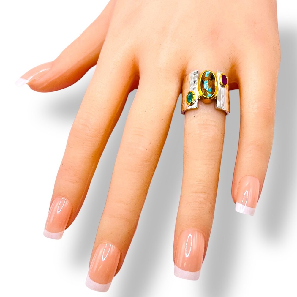 Two Tone Sterling Silver Blue Turquoise Emerald Ruby Ring Handmade -6500