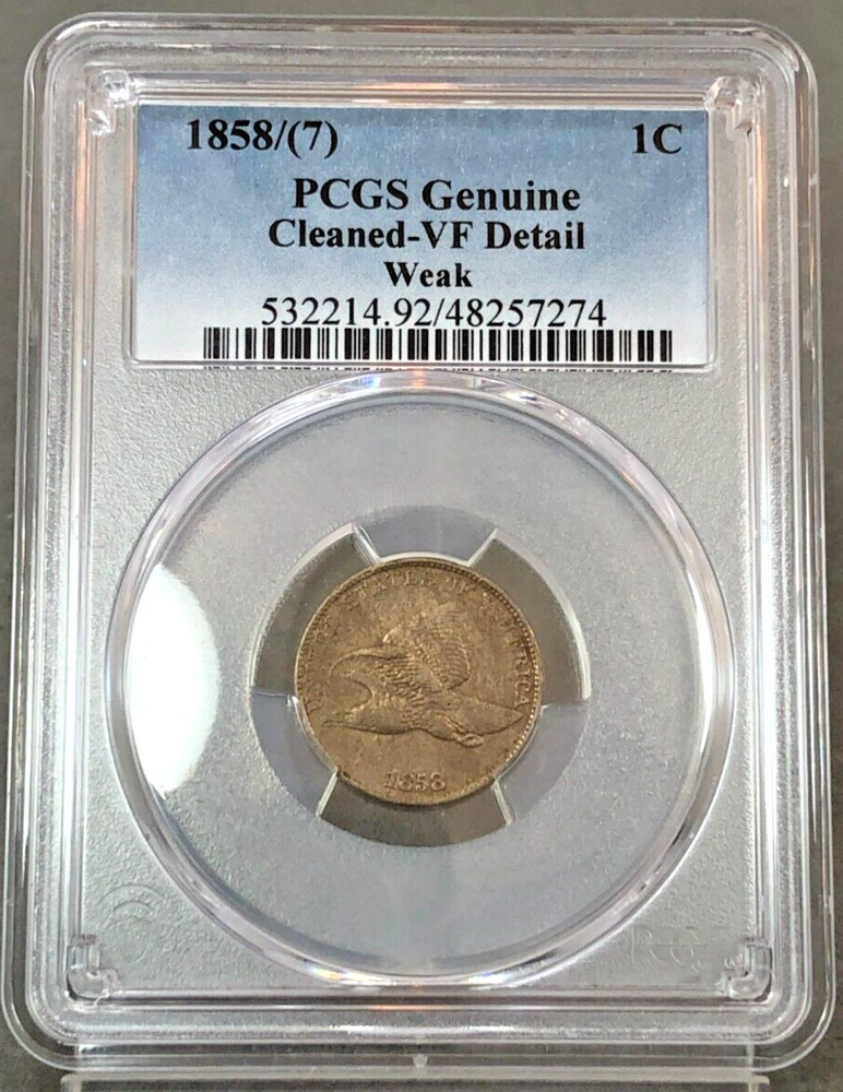 1858/(7) 1c Flying Eagle Cent PCGS VF DETAILS (Weak) ~ CLEANED??
