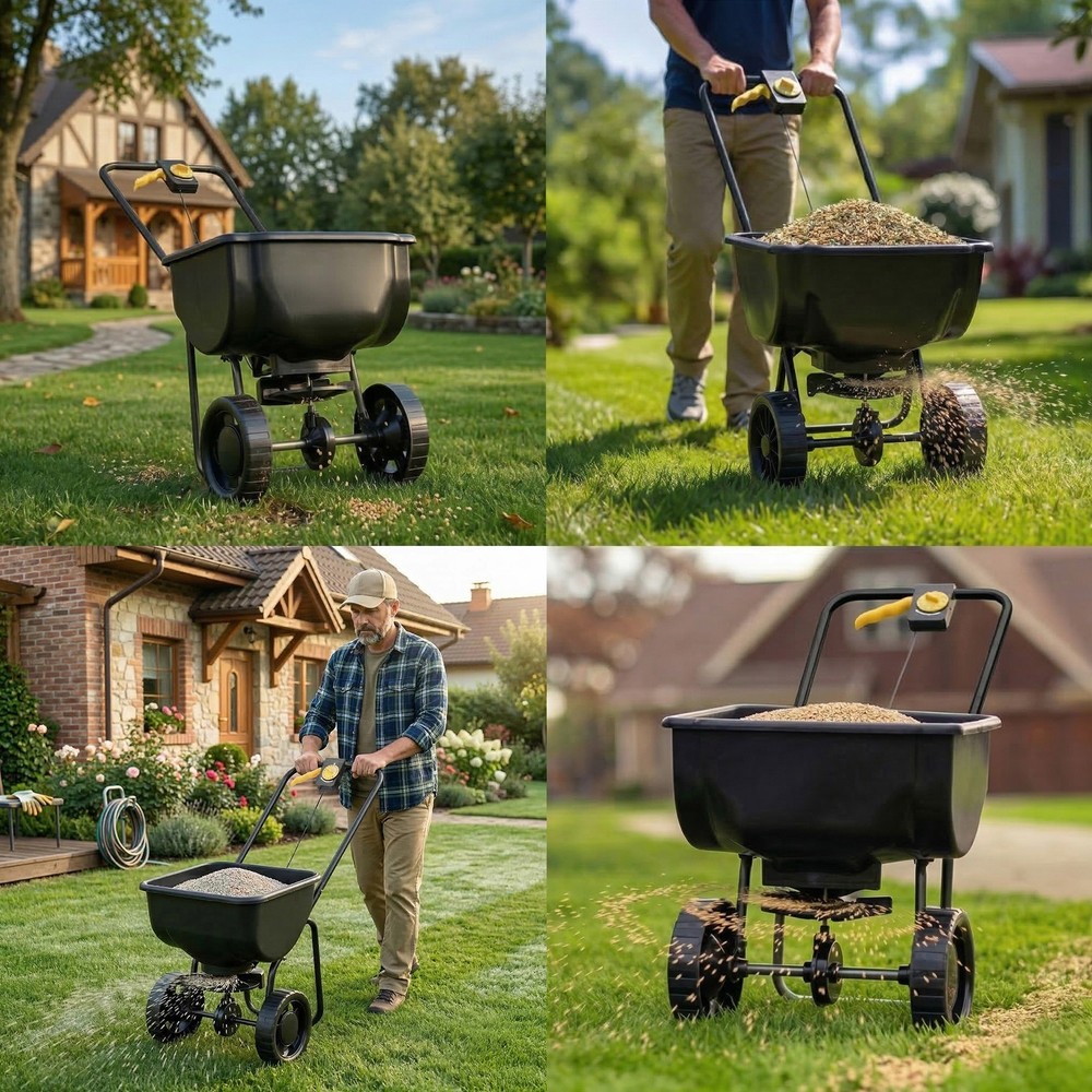 Broadcast Spreader,70LBS Capacity, Walk-Behind Push Spreader with Hopper Grate