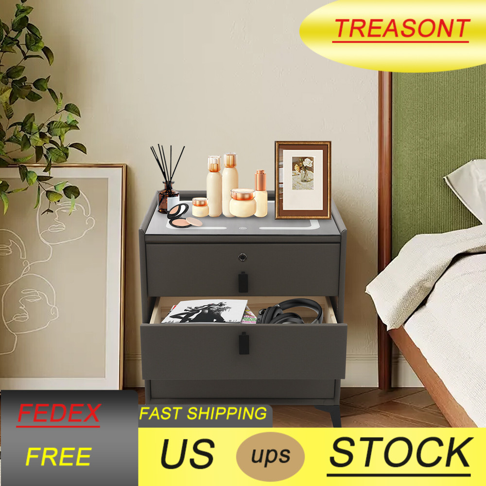 Smart Bedside Table + Three-color Light+Drawers+Usb&wireless Charging Dark Grey