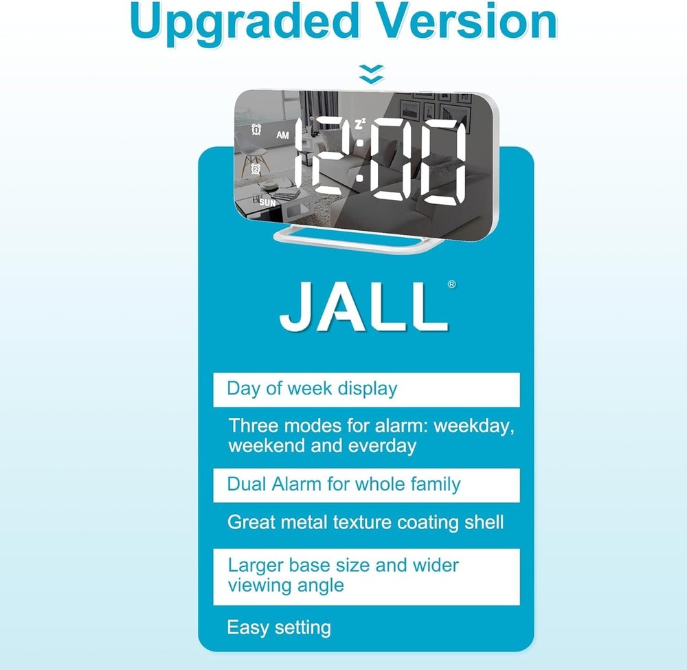 Slim LED Digital Alarm Clock, Mirror Surface for Makeup, with Diming, Large D...