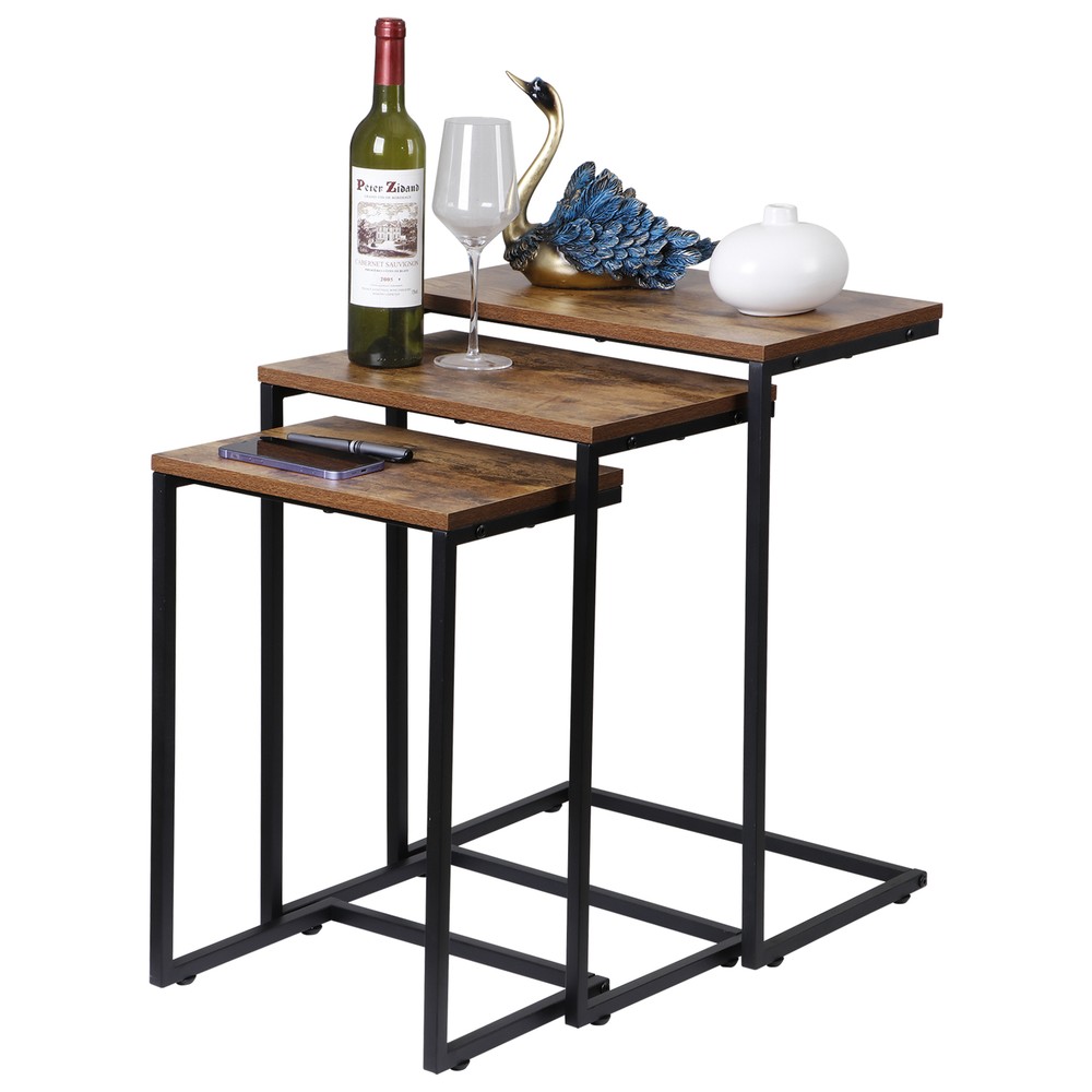 Modern C-Shaped End Tables Set of 3 Nesting Coffee Table Accent Side Table Brown