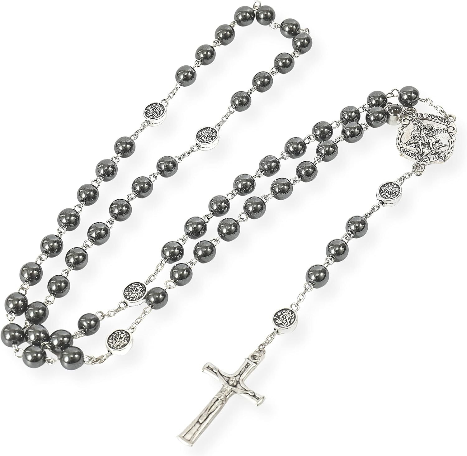 Hematite Black Stone Beads Rosary Necklace with St Michael Centerpiece, Crucifix