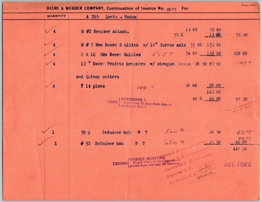 Scarce c1907 John Deere / Deere & Webber Receipt - 7 Items Incl. Reindeer Bob
