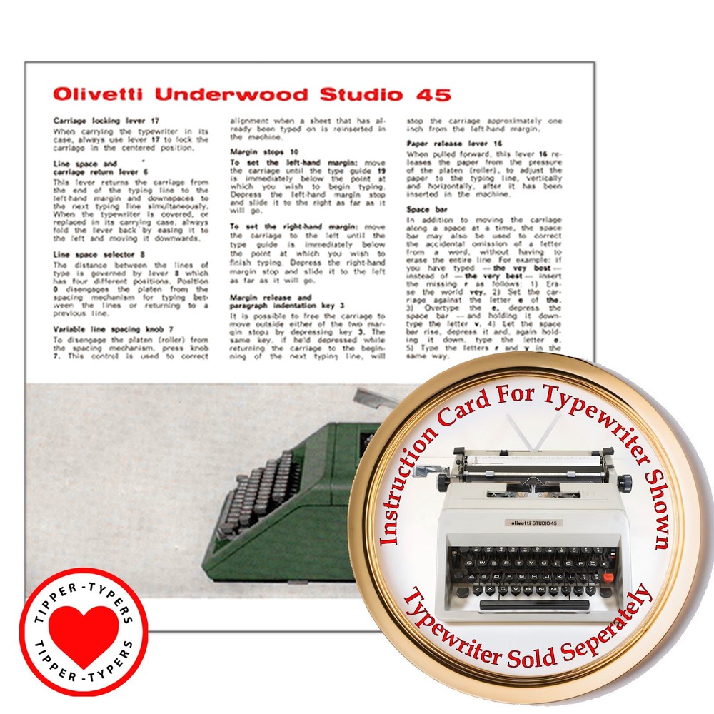 Olivetti Studio 45 Typewriter Instruction Card Owner's Guide User Directions