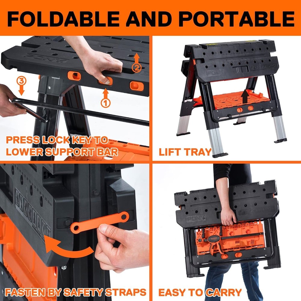 Pony Portable 2-in-1 Folding Work Table Workbench Sawhorse 1000lbs Load Capacity