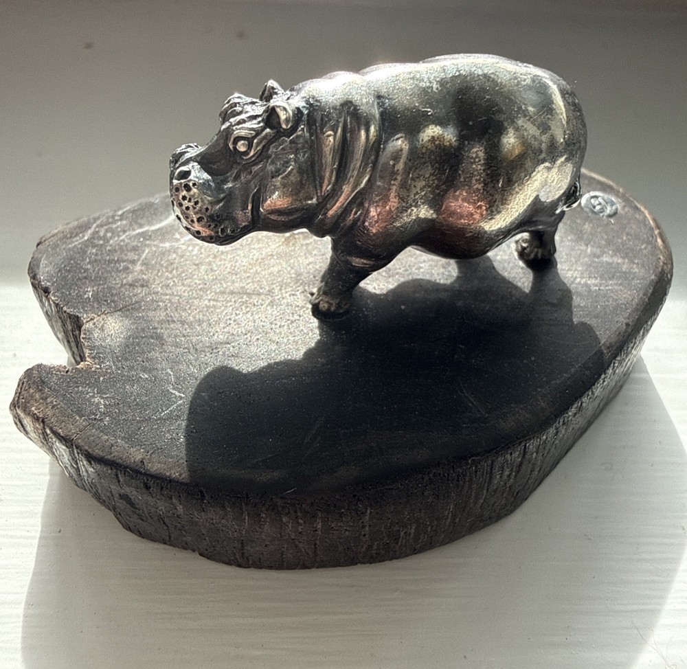 Silver Miniature Hippo On Wooden Base Patrick Mavros