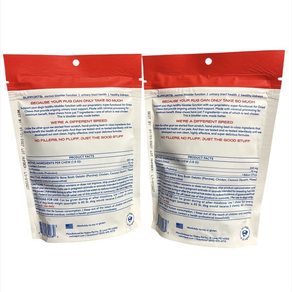(2 PACK) Native Pet Dog UTI Cranberry Bladder Kidney Support - 120 Total Chews
