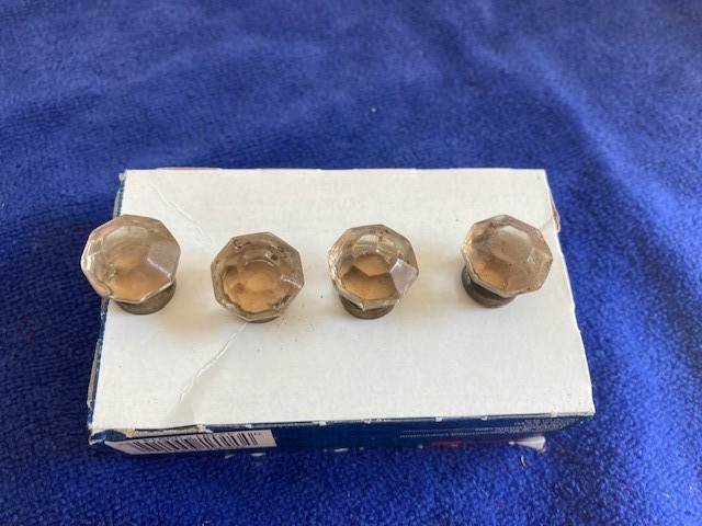 4 Sm Vintage Faceted Glass & Brass Drawer Cabinet Pulls Knobs
