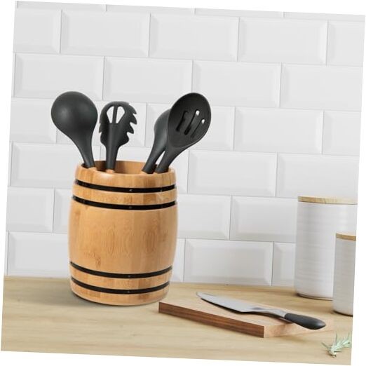 Rustic Beige Wood Utensil Crock Wine Barrel Design Kitchen Organization