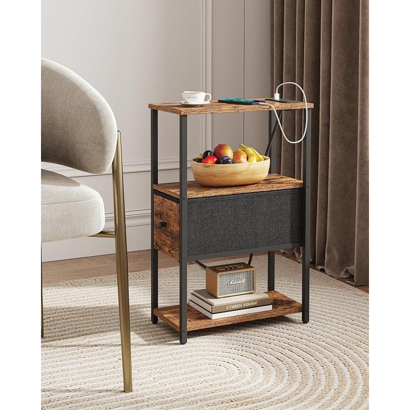 Modern Charging End Table Nightstand W/ USB Type C Port Fabric Drawer Storage