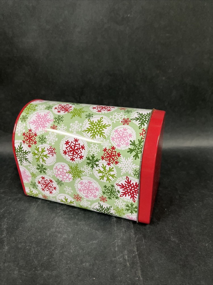 Snowflake Mailbox Shaped Holiday Tin Box Container Can Empty Merry Xmas 6" Long