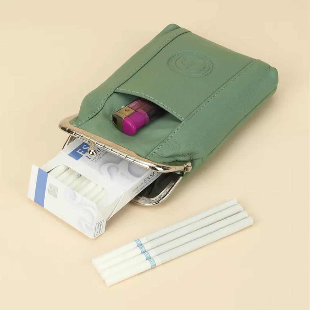 Genuine Leather Cigarette Case with Lighter Pouch Soft Green by Leatherboss