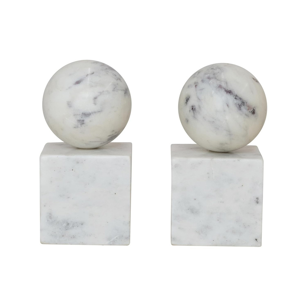 2-Piece Marble Geometric Bookends, White