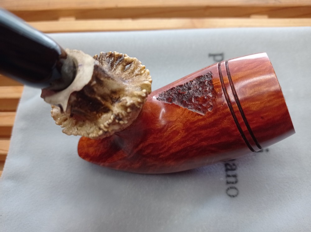 Manelli Pickaxe smooth brown briar pipe, roe deer horn insert handmade Italy 910