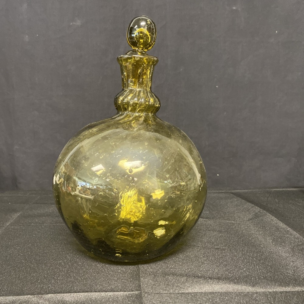 Bubble Vintage Decanter w/ Stopper Olive Green- 9.5”