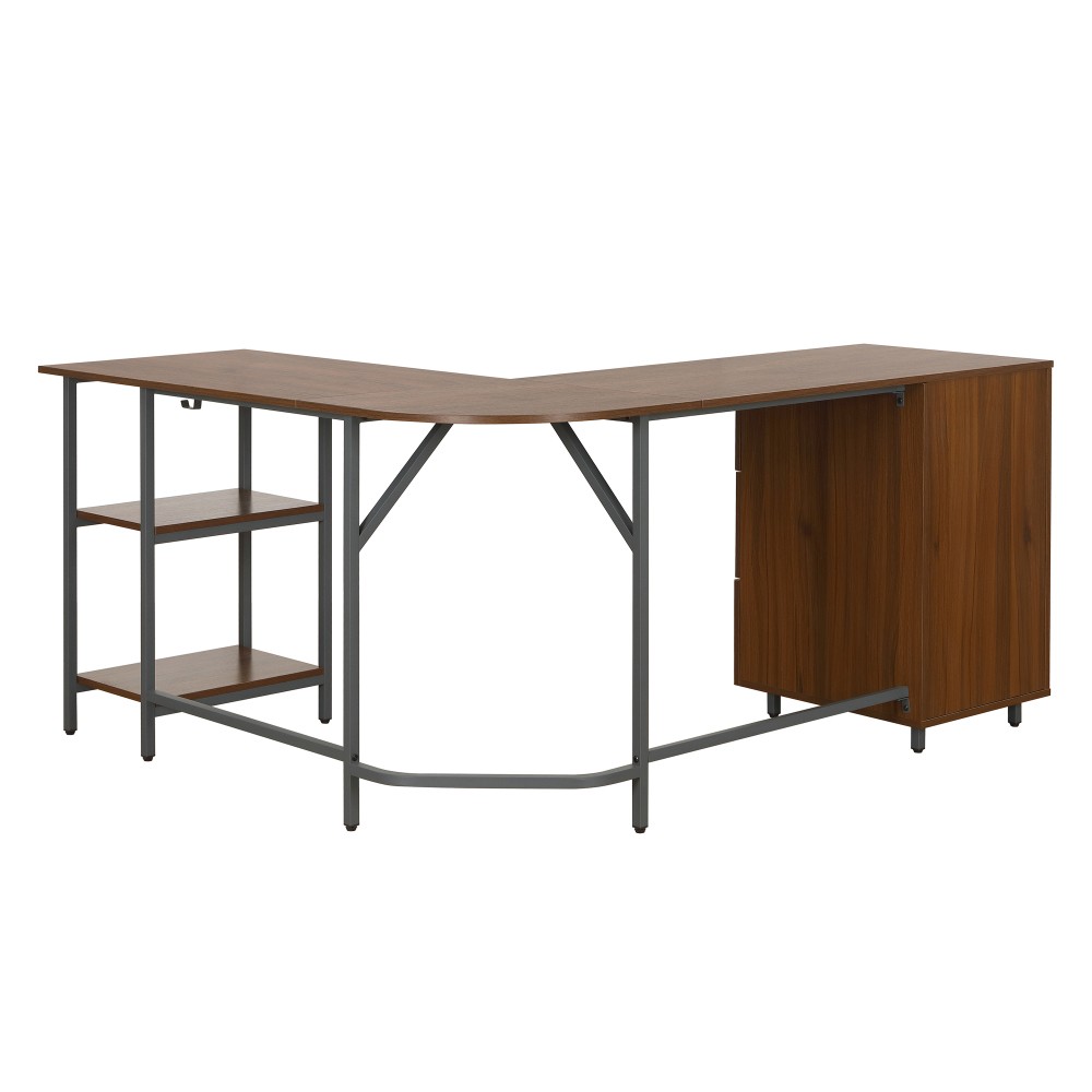 Rustic L-Desk - Engineered Walnut Top - Storage Drawers & Adjustable Shelves