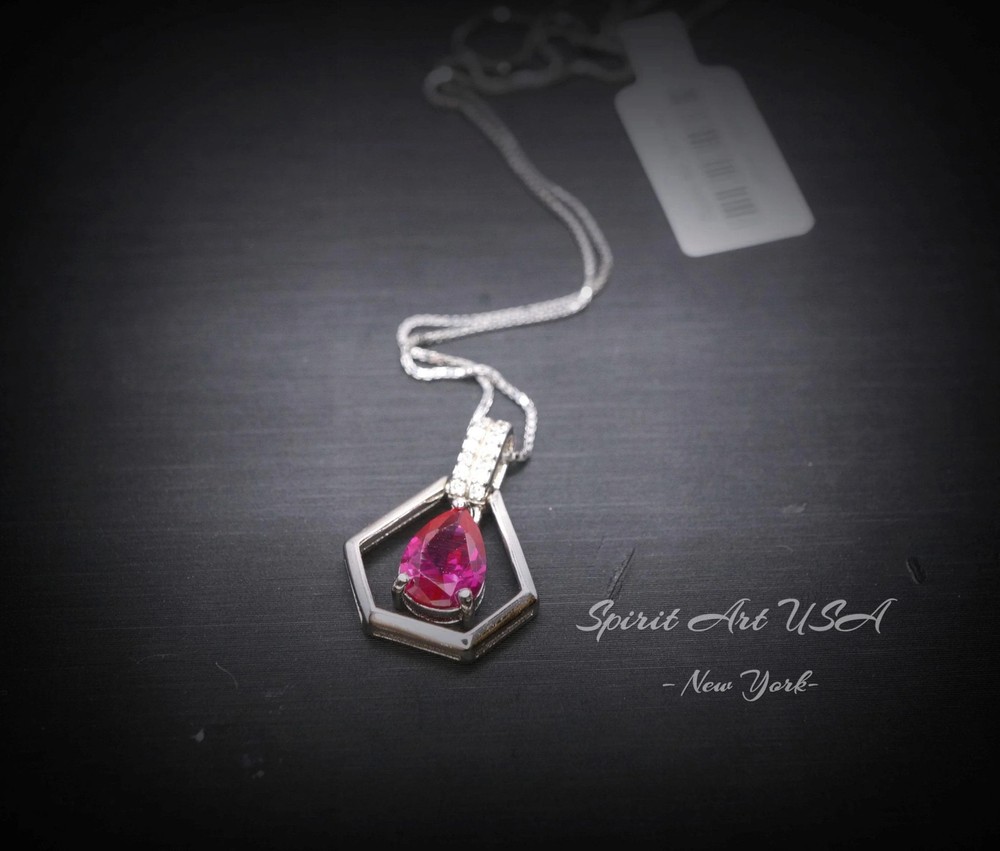 Geometric Red Ruby Necklace - Sterling Silver Triangle Diamond Teardrop Ruby