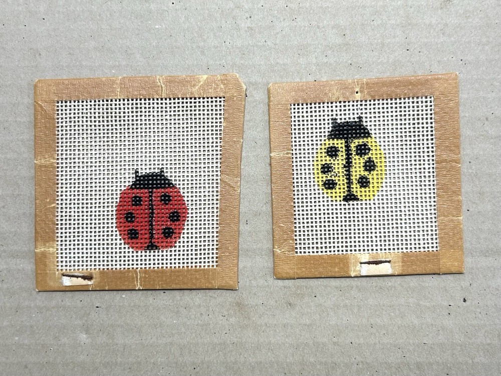 Ladybug Action X2 Red Yellow Needlepoint Canvas Colorful Pattern Hand Painted