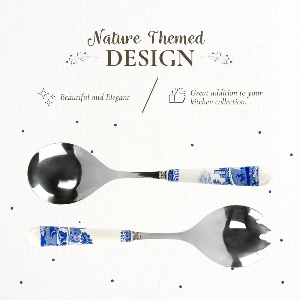 Spode Blue Italian Salad Servers Set - 10 Inch Spoon & Fork Serving Utensils ...