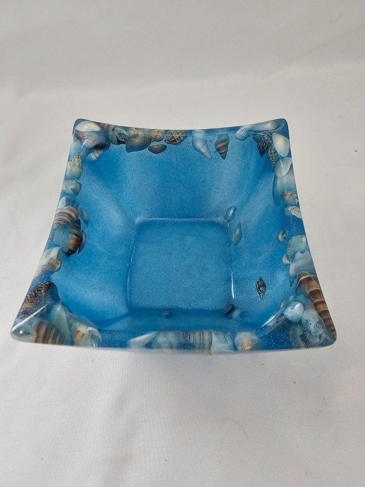 New Handmade Resin Bowl Blue Square with Shells