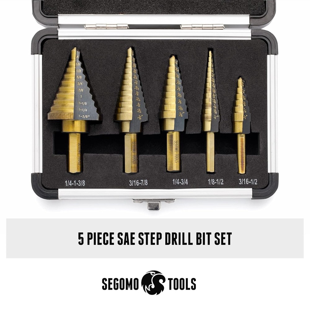 Segomo Tools 5 Piece SAE Multiple Hole 50 Sizes HSS Step Drill Bit Set with...