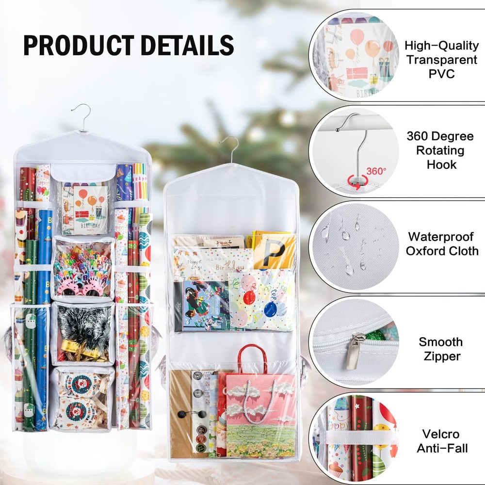 Wrapping Paper Organizer - Hanging Gift Wrap Storage Container Double-Sided W...