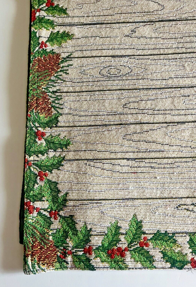Christmas Holly Berries Table Runner Embroidered Tapestry Pinecone Rustic 13x72