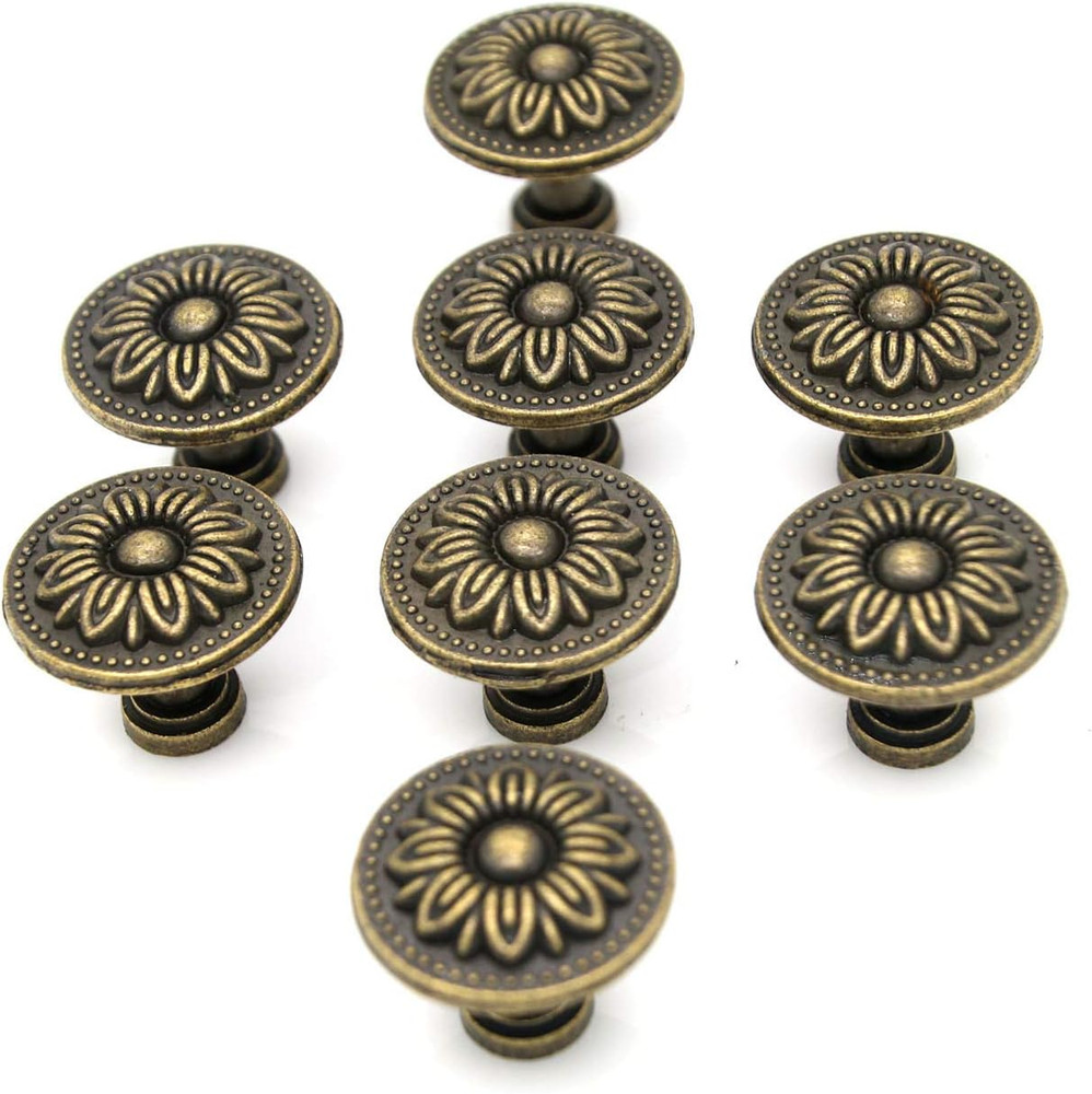 8 Vintage Antique Brass Knobs Handles Pulls - Flower Pattern for Cabinets Drawer