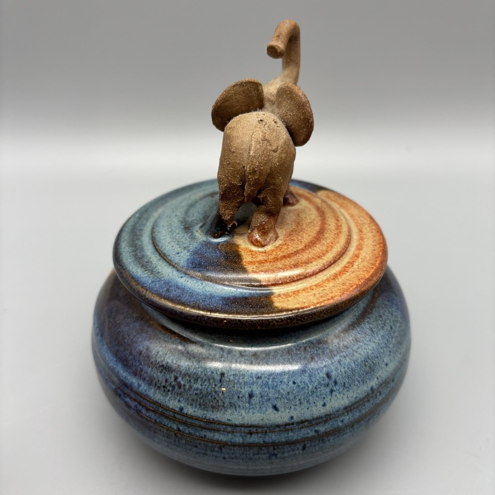 Adama Art Studio Pottery Covered Dish Earthtone Two-toned Elephant Top Signed