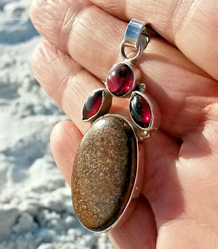 BRONZITE AND GARNET .925 STERLING SILVER PENDANT