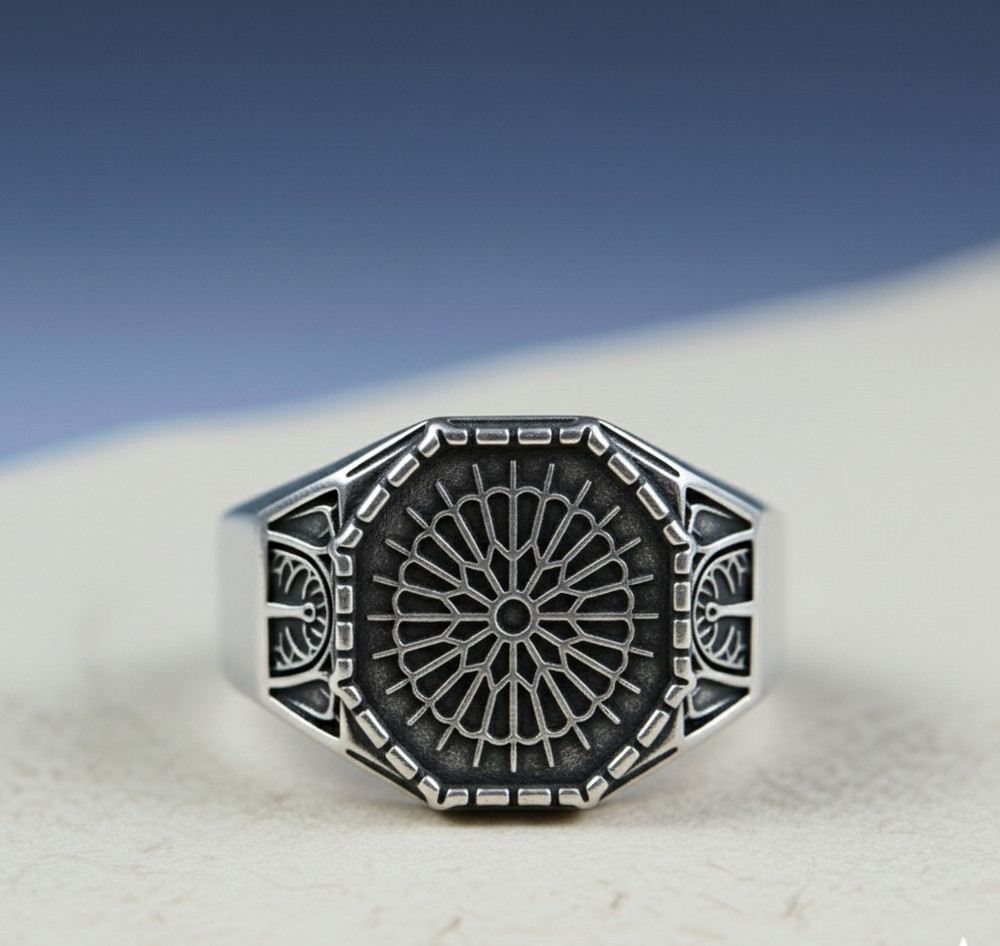 Bold 925 Sterling Silver Hexagon Ring with Intricate Sunburst Mandala Pattern