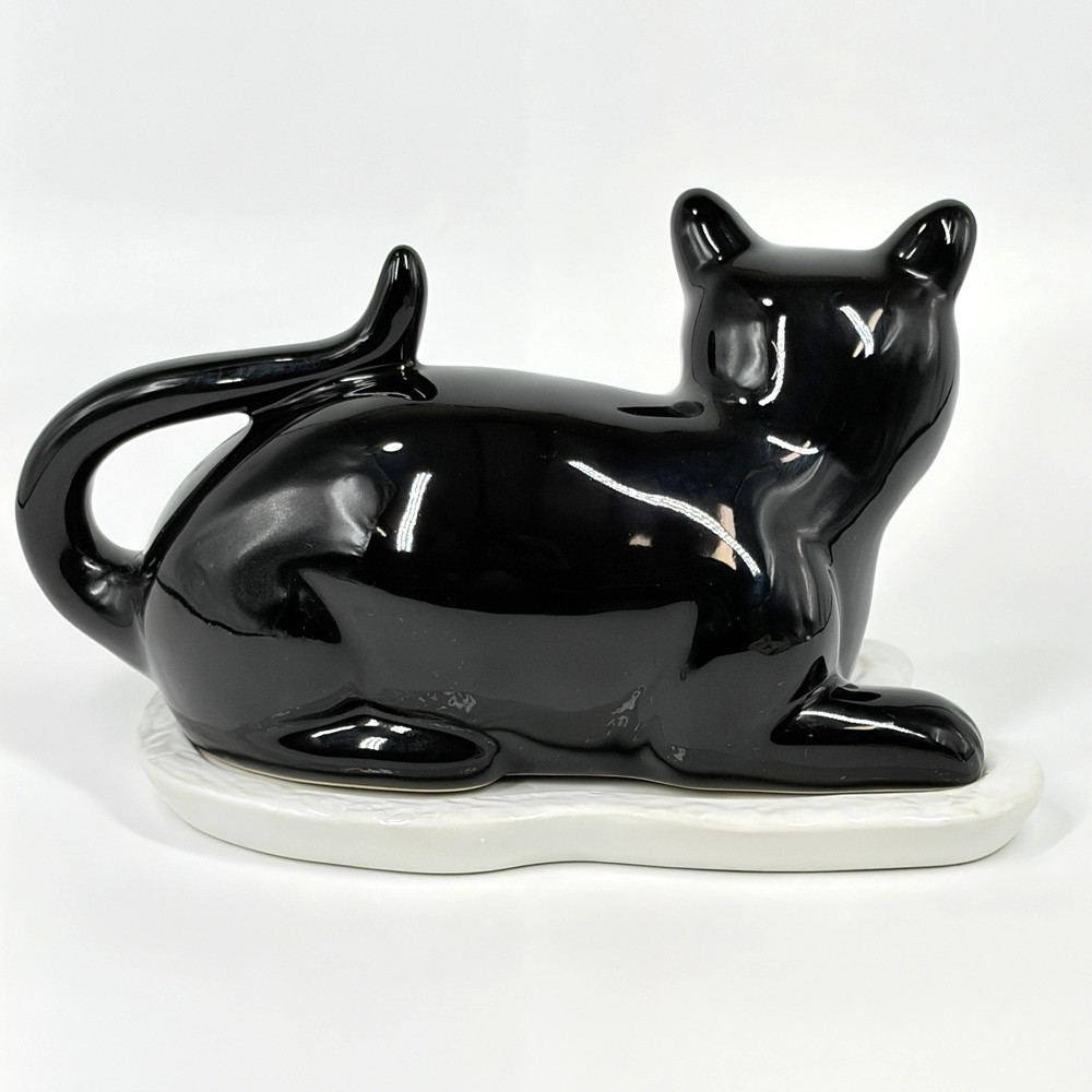 Ceramic Black Cat Butter Dish 9" Covered Plate Yellow Eyes Tail Handle