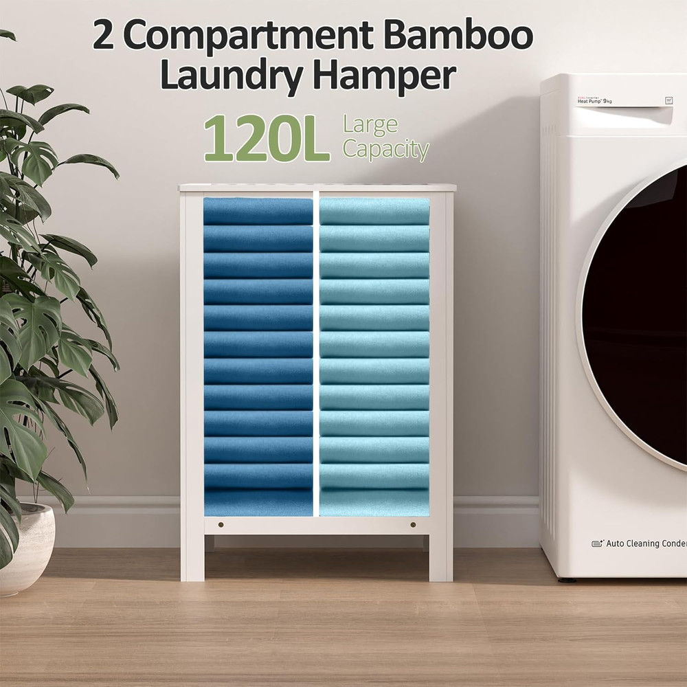 Bamboo Laundry Hamper with Lid, 120L Large Double Laundry Basket with Removable